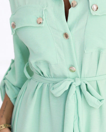 20272-6-Midi-Hemdkleid mit goldenen Knöpfen und Krawatte - Helles Mintgrün-6