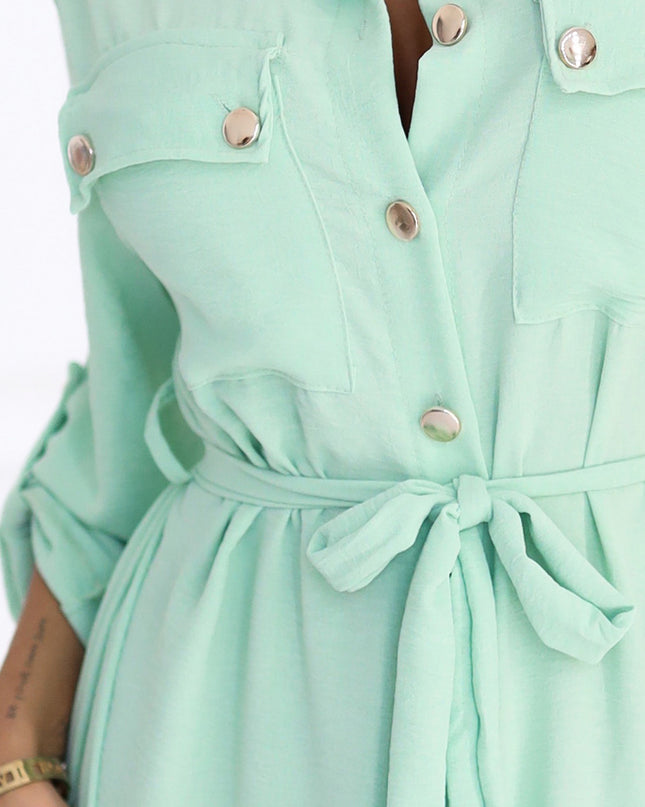 20272-6-Midi-Hemdkleid mit goldenen Knöpfen und Krawatte - Helles Mintgrün-6