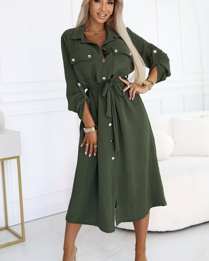 20356-2-Midi-Hemdkleid mit goldenen Knöpfen und Krawatte - KHAKI-2