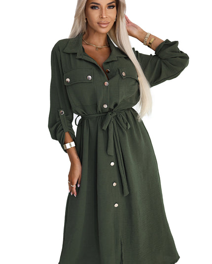 20356-6-Midi-Hemdkleid mit goldenen Knöpfen und Krawatte - KHAKI-6
