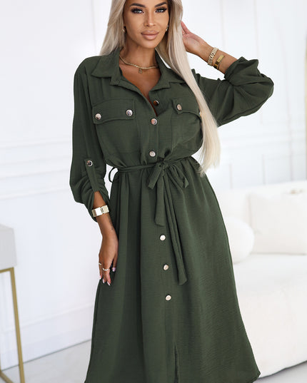 20356-1-Midi-Hemdkleid mit goldenen Knöpfen und Krawatte - KHAKI-1