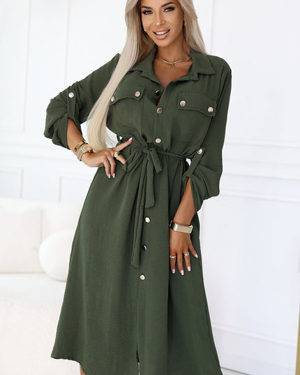 20356-4-Midi-Hemdkleid mit goldenen Knöpfen und Krawatte - KHAKI-4