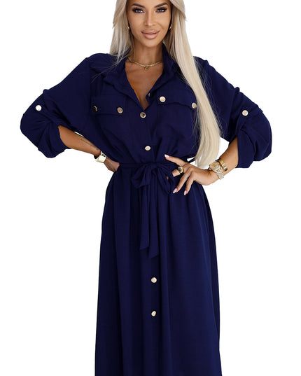 20536-7-Midi-Hemdkleid mit goldenen Knöpfen und Krawatte - Marineblau-7
