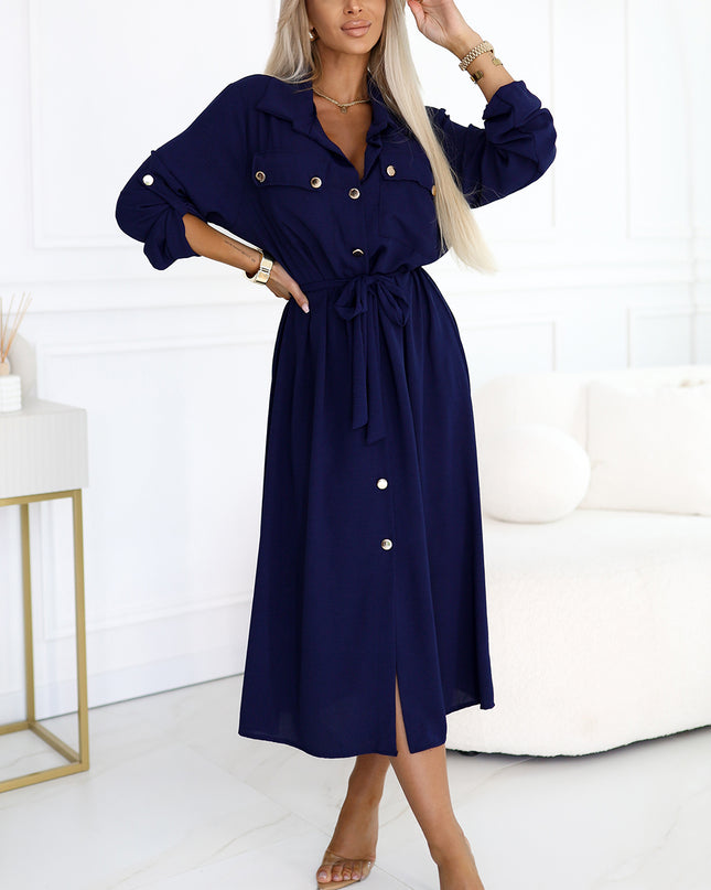 20536-3-Midi-Hemdkleid mit goldenen Knöpfen und Krawatte - Marineblau-3