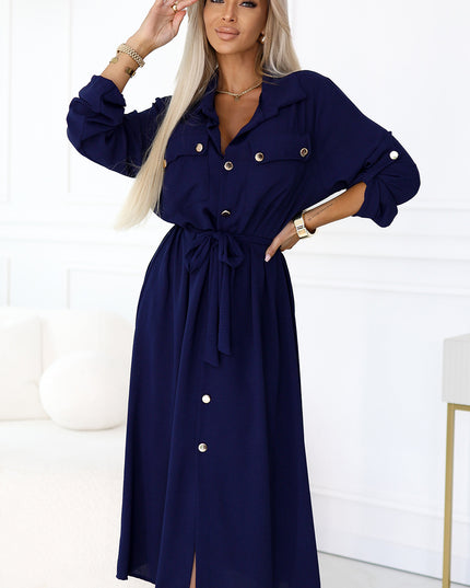 20536-5-Midi-Hemdkleid mit goldenen Knöpfen und Krawatte - Marineblau-5
