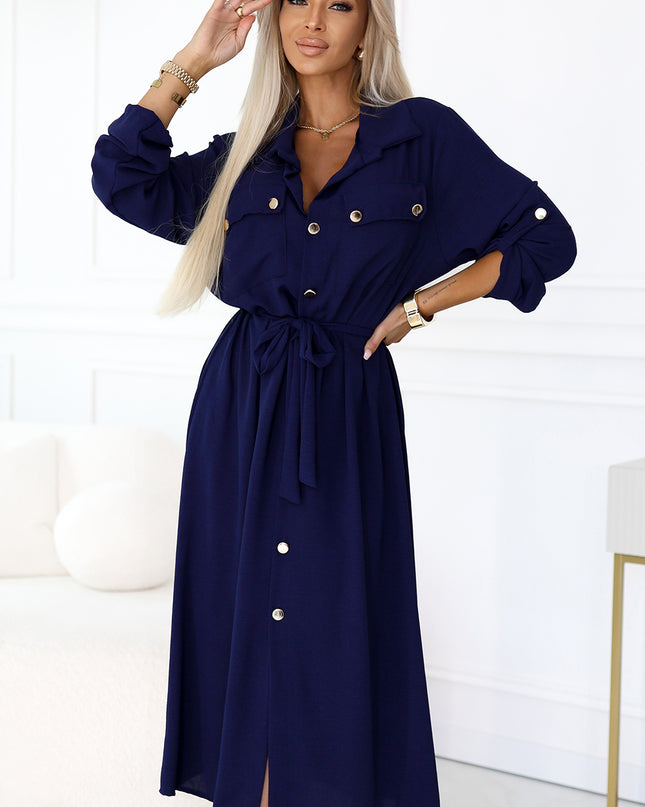 20536-5-Midi-Hemdkleid mit goldenen Knöpfen und Krawatte - Marineblau-5
