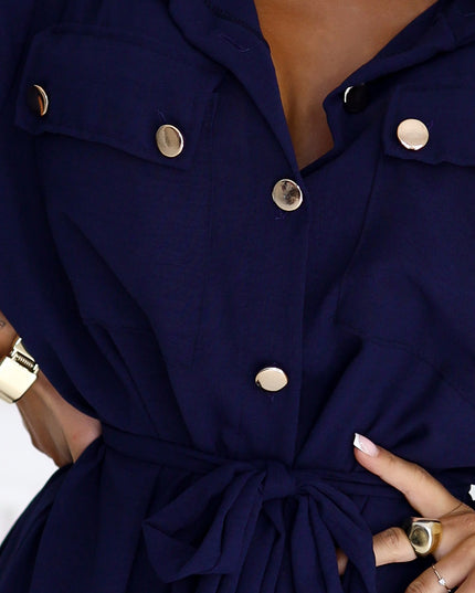 20536-6-Midi-Hemdkleid mit goldenen Knöpfen und Krawatte - Marineblau-6