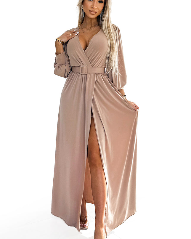 19236-7-536-2 FIORELLA Langes Kleid mit breitem Gürtel und Ausschnitt - Beige-7
