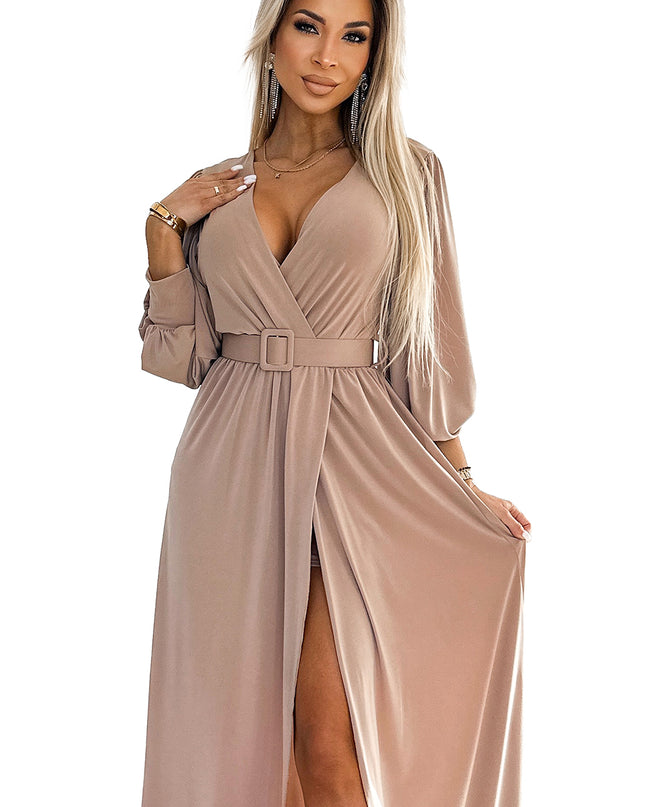 19236-8-536-2 FIORELLA Langes Kleid mit breitem Gürtel und Ausschnitt - Beige-8