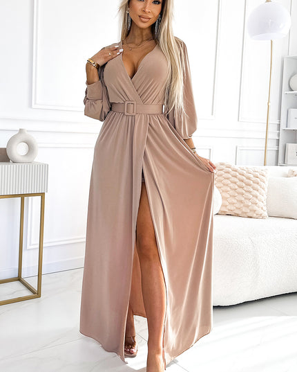19236-1-536-2 FIORELLA Langes Kleid mit breitem Gürtel und Ausschnitt - Beige-1
