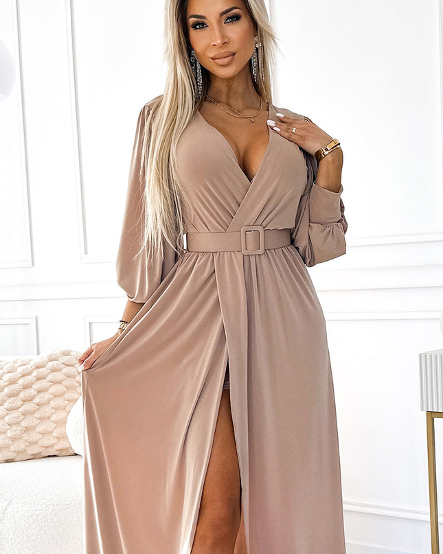 19236-4-536-2 FIORELLA Langes Kleid mit breitem Gürtel und Ausschnitt - Beige-4