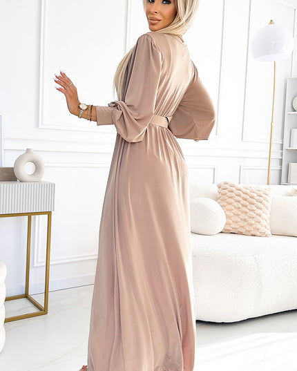 19236-3-536-2 FIORELLA Langes Kleid mit breitem Gürtel und Ausschnitt - Beige-3