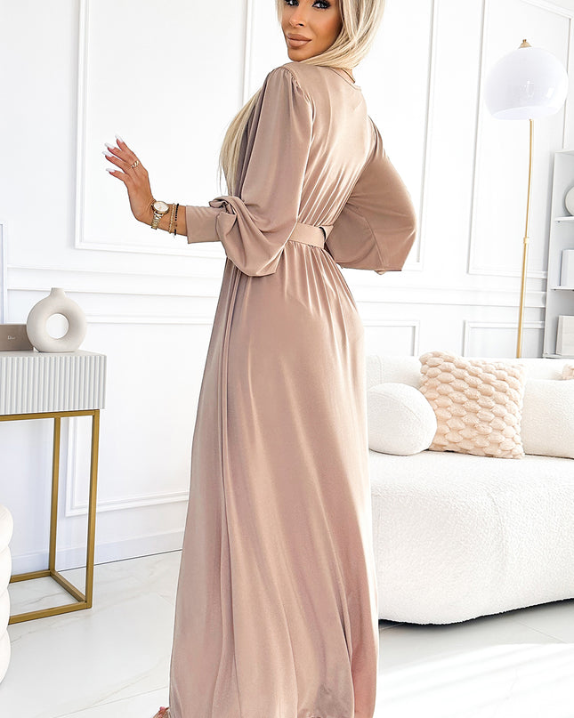 19236-3-536-2 FIORELLA Langes Kleid mit breitem Gürtel und Ausschnitt - Beige-3