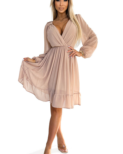 19109-8-538-1 MILA Chiffon-Midikleid mit langen Ärmeln und Ausschnitt – beige Farbe-8
