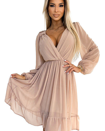 19109-9-538-1 MILA Chiffon-Midikleid mit langen Ärmeln und Ausschnitt – beige Farbe-9