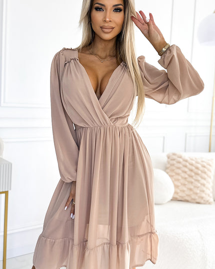 19109-2-538-1 MILA Chiffon-Midikleid mit langen Ärmeln und Ausschnitt – beige Farbe-2