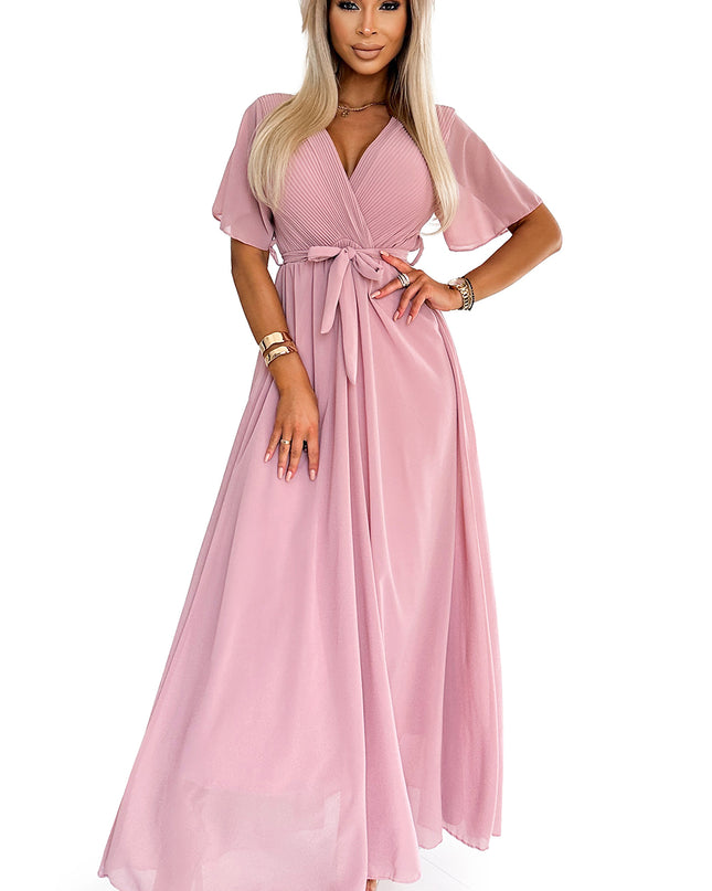 19278-7-545-1 Langes Kleid mit plissiertem Ausschnitt und Bändern – Puderrosa-7