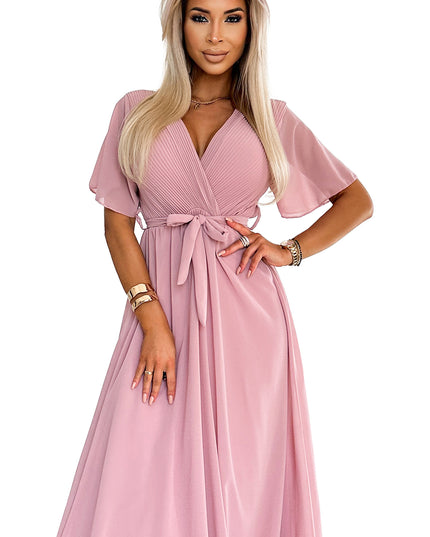 19278-8-545-1 Langes Kleid mit plissiertem Ausschnitt und Bändern – Puderrosa-8