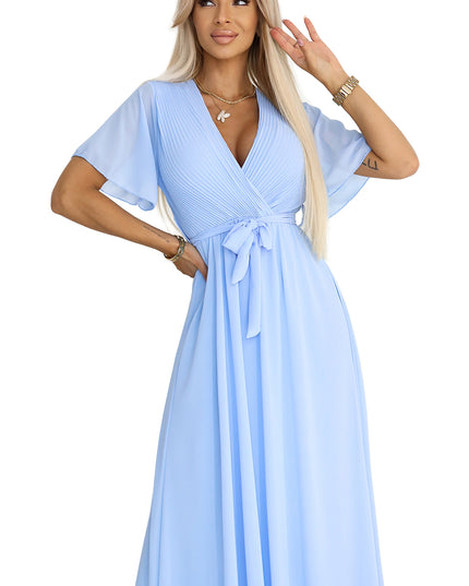 20273-10-Langes Kleid mit plissiertem Ausschnitt und Schleife - hellblau-10