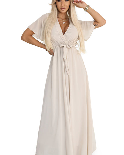 20274-6-Langes Kleid mit plissiertem Ausschnitt und Schleife - beige-6