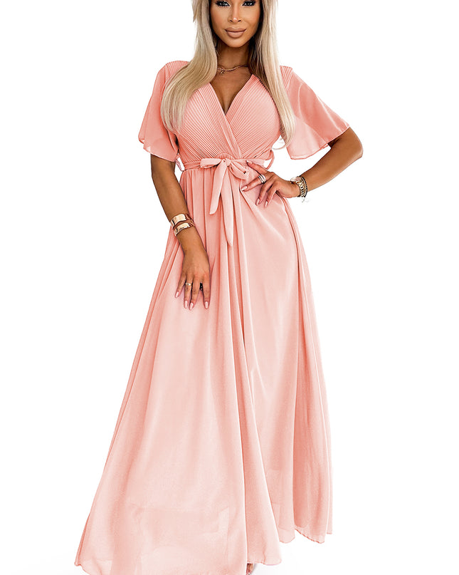 20386-7-Langes Kleid mit plissiertem Ausschnitt und Schleife – Pfirsichfarbe-7