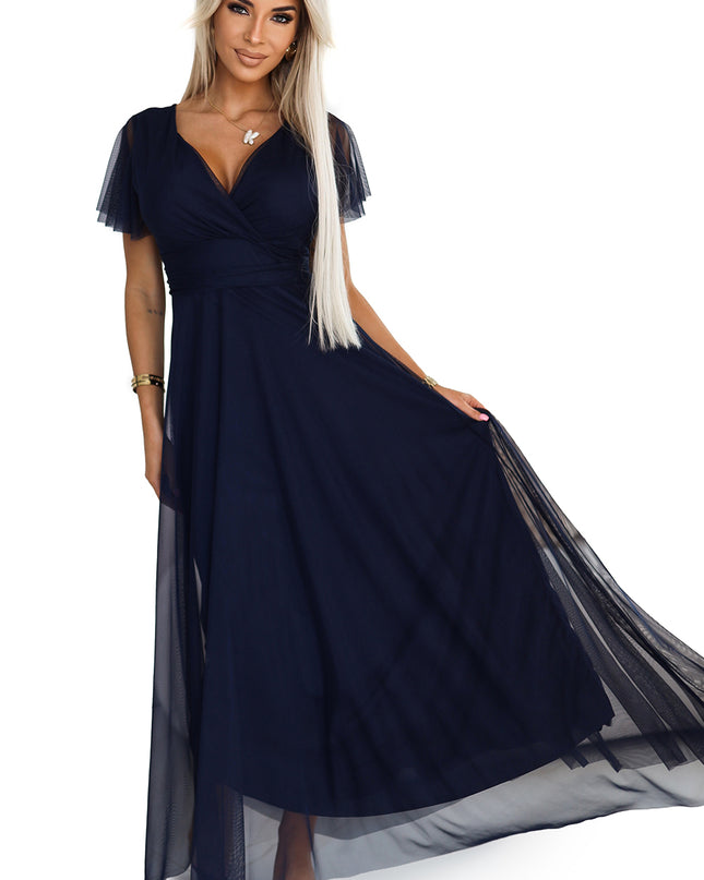 19667-7-562-1 NASTIA Langes Kleid mit Ausschnitt und kurzen Ärmeln - marineblau-7