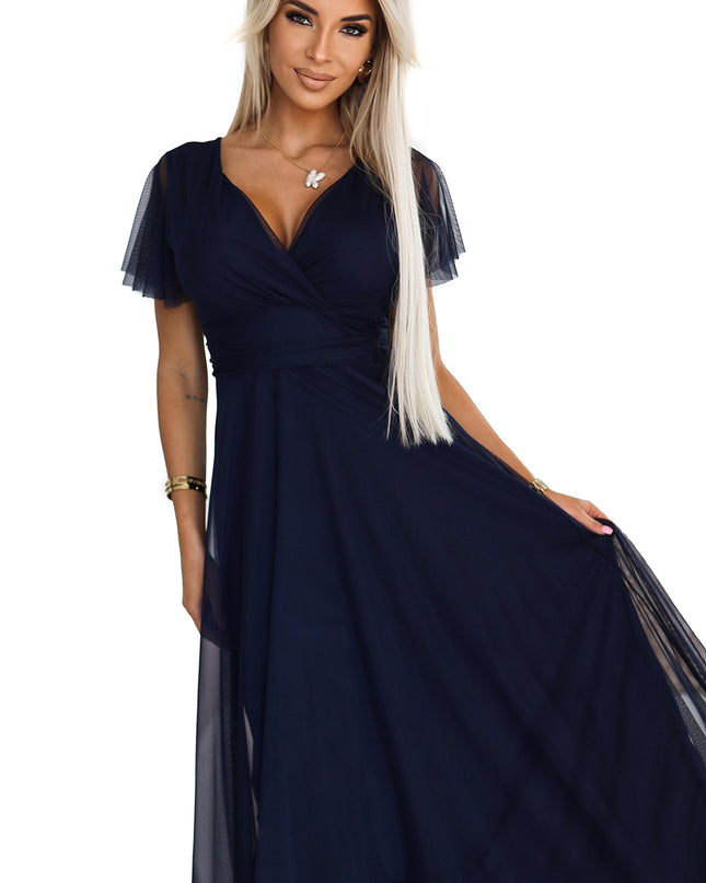 19667-8-562-1 NASTIA Langes Kleid mit Ausschnitt und kurzen Ärmeln - marineblau-8