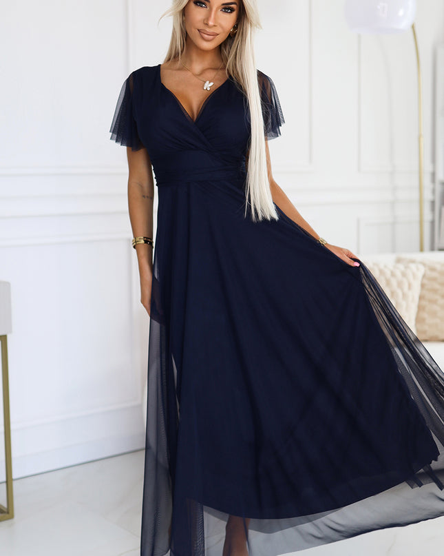 19667-1-562-1 NASTIA Langes Kleid mit Ausschnitt und kurzen Ärmeln - marineblau-1