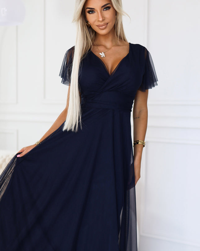 19667-4-562-1 NASTIA Langes Kleid mit Ausschnitt und kurzen Ärmeln - marineblau-4