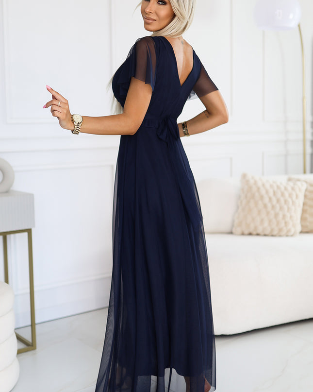 19667-3-562-1 NASTIA Langes Kleid mit Ausschnitt und kurzen Ärmeln - marineblau-3