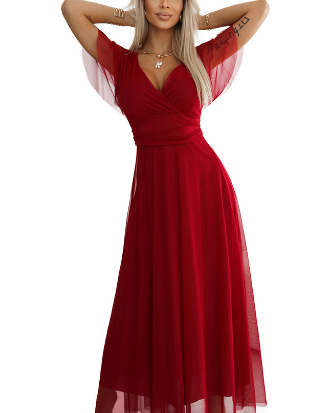 19566-9-562-2 NASTIA Langes Kleid mit Ausschnitt und kurzen Ärmeln - burgunderrot-9