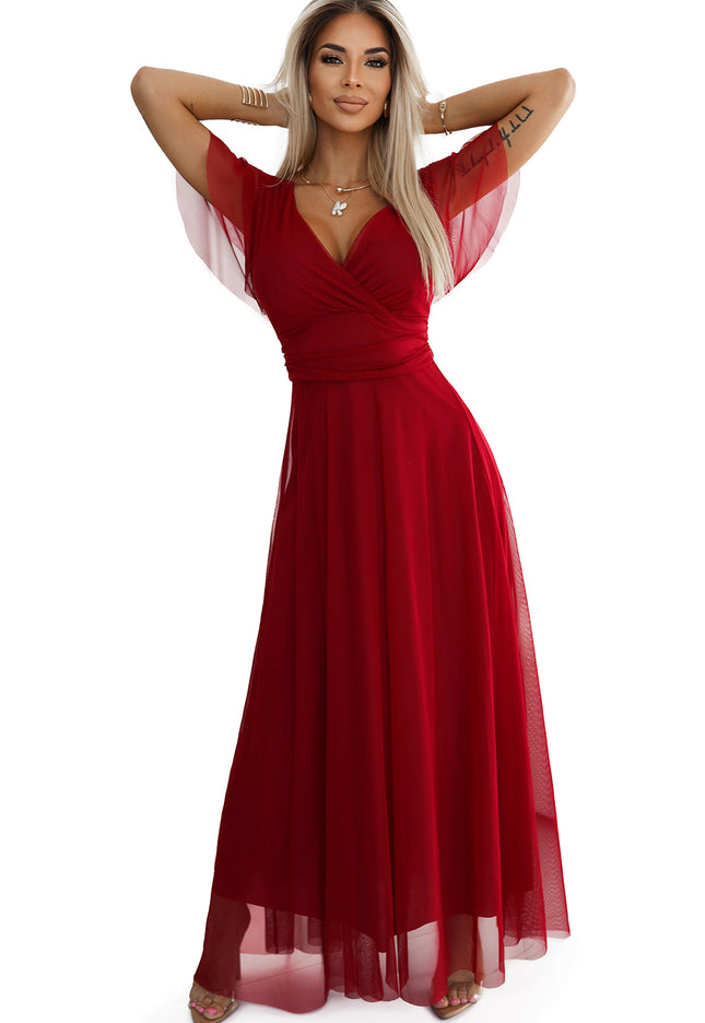 19566-9-562-2 NASTIA Langes Kleid mit Ausschnitt und kurzen Ärmeln - burgunderrot-9
