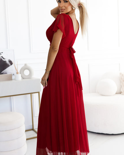19566-3-562-2 NASTIA Langes Kleid mit Ausschnitt und kurzen Ärmeln - burgunderrot-3