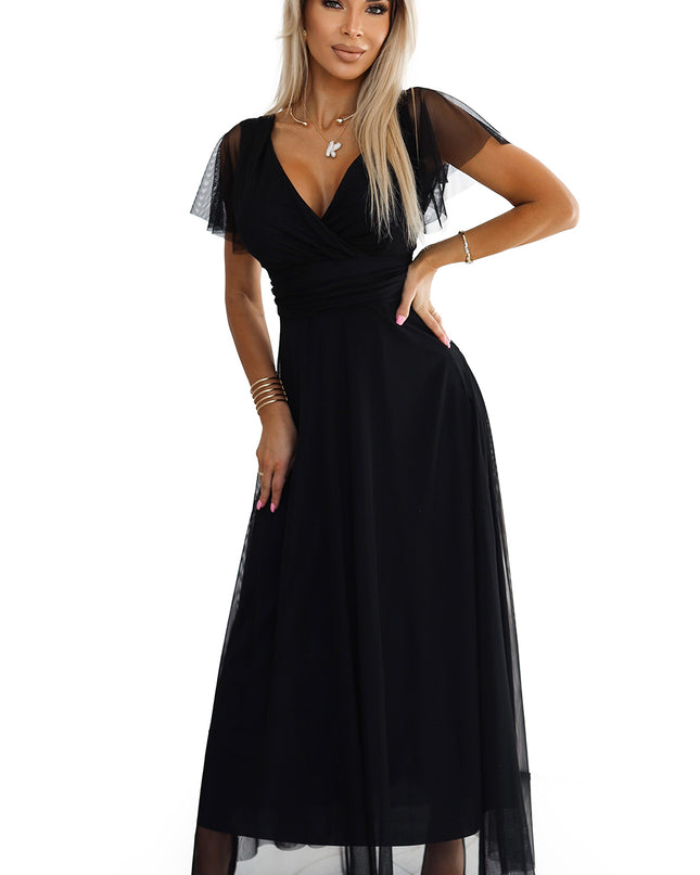 19668-8-562-3 NASTIA Langes Kleid mit Ausschnitt und kurzen Ärmeln - schwarz-8