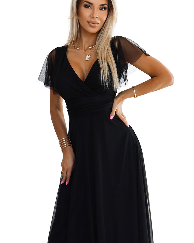 19668-7-562-3 NASTIA Langes Kleid mit Ausschnitt und kurzen Ärmeln - schwarz-7