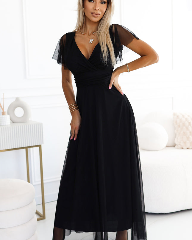 19668-1-562-3 NASTIA Langes Kleid mit Ausschnitt und kurzen Ärmeln - schwarz-1