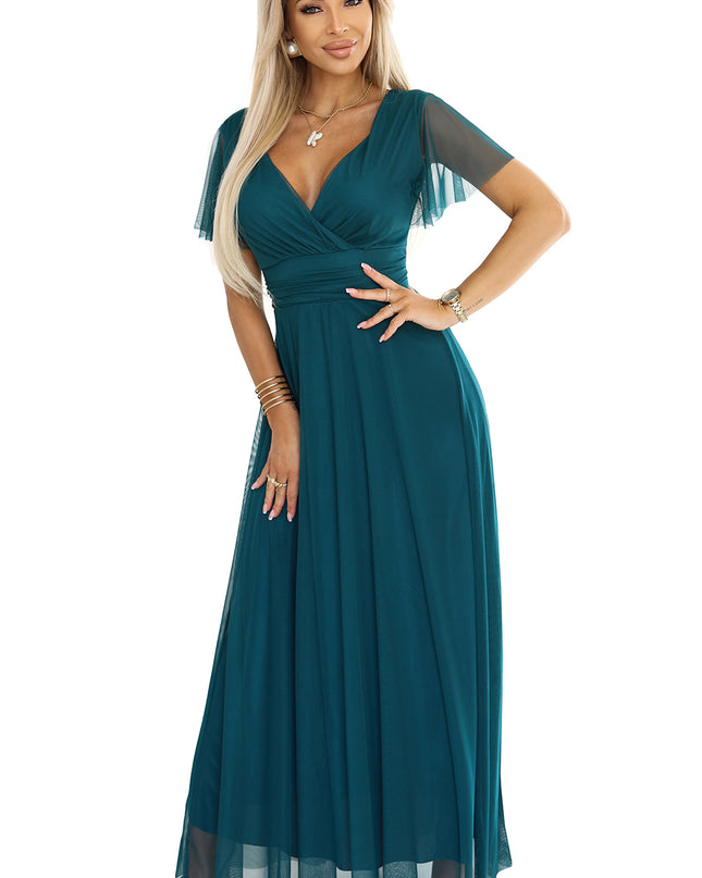 20162-7-NASTIA Langes Kleid mit Ausschnitt und kurzen Ärmeln - grün-7