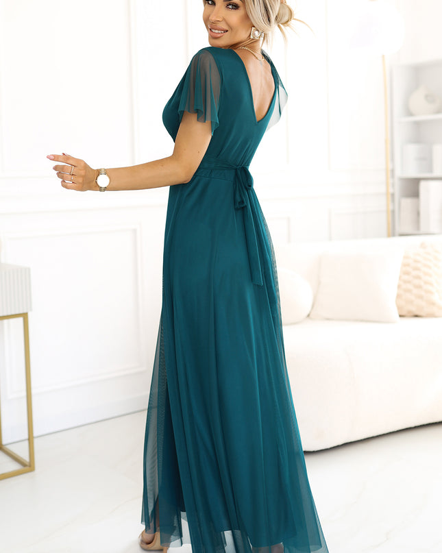 20162-3-NASTIA Langes Kleid mit Ausschnitt und kurzen Ärmeln - grün-3