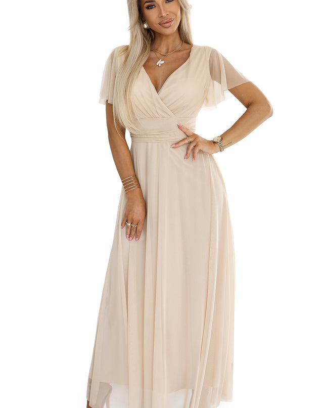 20161-7-NASTIA Langes Kleid mit Ausschnitt und kurzen Ärmeln - beige-7