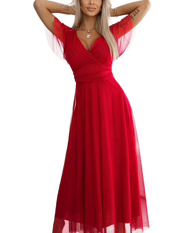 20314-7-NASTIA Langes Kleid mit Ausschnitt und kurzen Ärmeln - rot-7