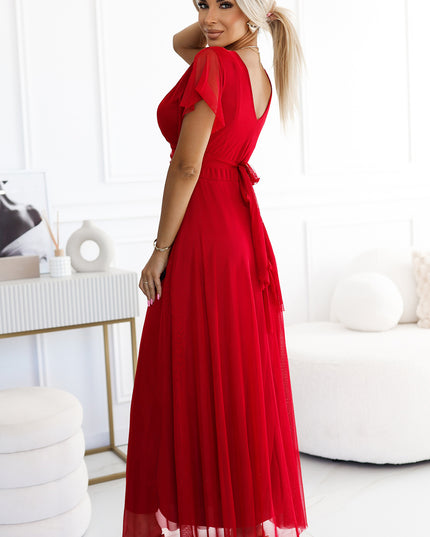 20314-3-NASTIA Langes Kleid mit Ausschnitt und kurzen Ärmeln - rot-3