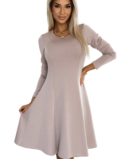 19603-6-567-1 Bequemes Trapezkleid mit langen Ärmeln - beige-6