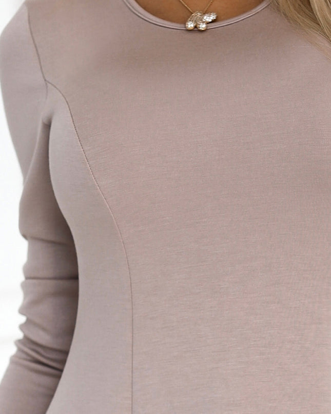 19603-5-567-1 Bequemes Trapezkleid mit langen Ärmeln - beige-5