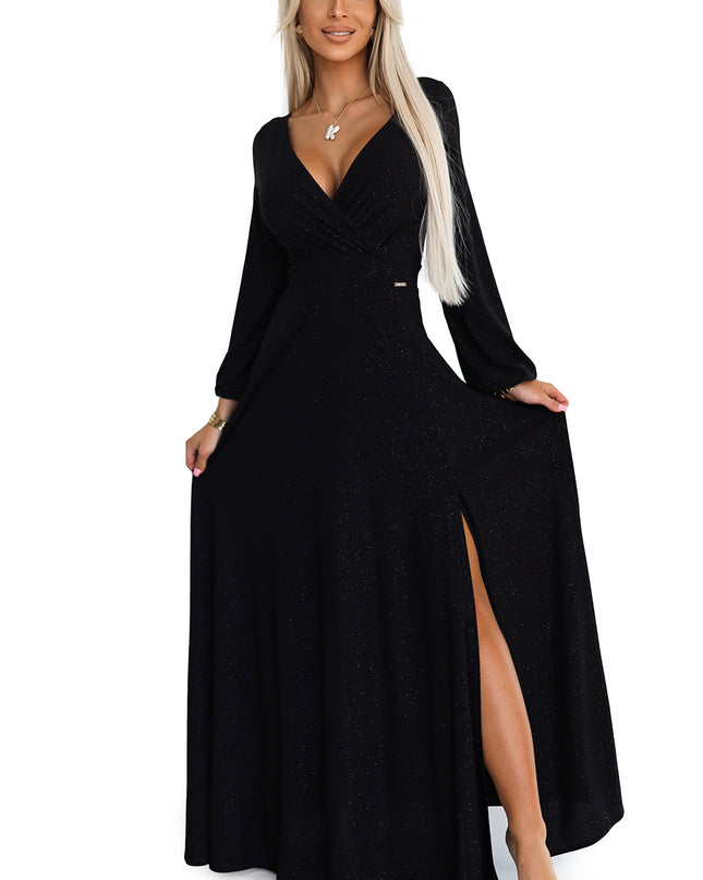 19655-7-572-2 NELA Glänzendes langes Kleid mit Rundhalsausschnitt und langen Ärmeln - schwarz-7