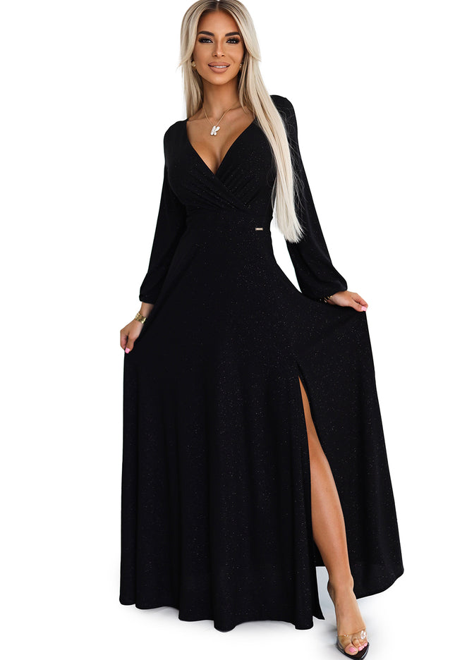 19655-7-572-2 NELA Glänzendes langes Kleid mit Rundhalsausschnitt und langen Ärmeln - schwarz-7