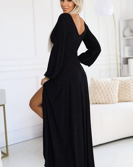 19655-3-572-2 NELA Glänzendes langes Kleid mit Rundhalsausschnitt und langen Ärmeln - schwarz-3