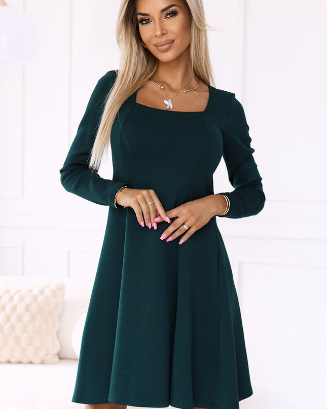 19663-4-574-1 IVANA bequemes Trapezkleid mit Ausschnitt und langen Ärmeln – grün-4