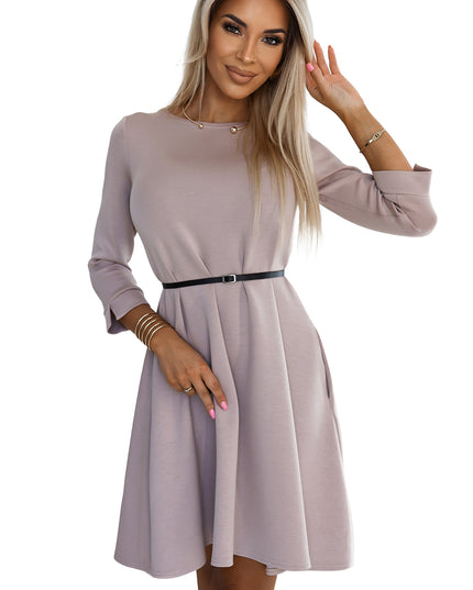 19739-1-579-1 Klassisches Trapezkleid mit schwarzem Gürtel - Beige-1