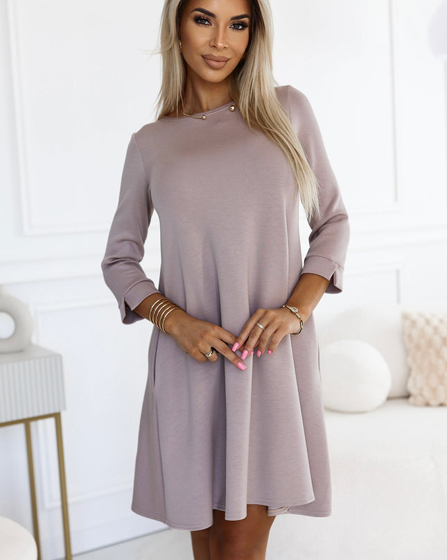 19739-6-579-1 Klassisches Trapezkleid mit schwarzem Gürtel - Beige-6