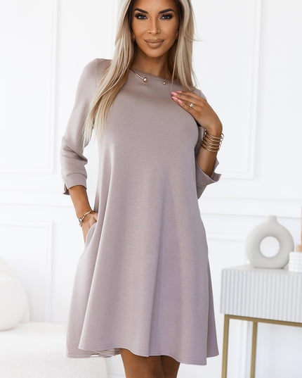 19739-8-579-1 Klassisches Trapezkleid mit schwarzem Gürtel - Beige-8